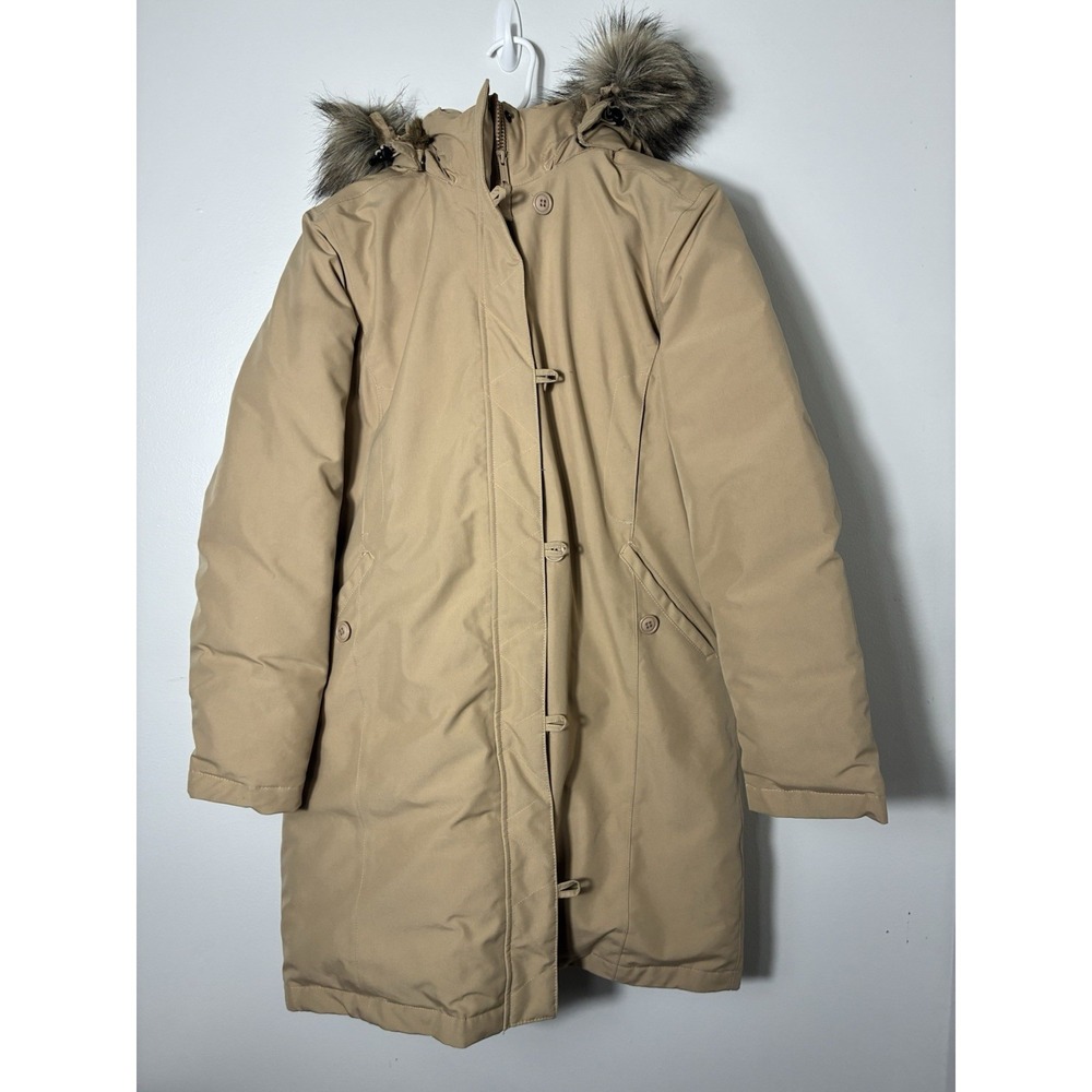 Lands End Goose Down Parka Coat Sz M Tan With Faux Fur Winter Warm